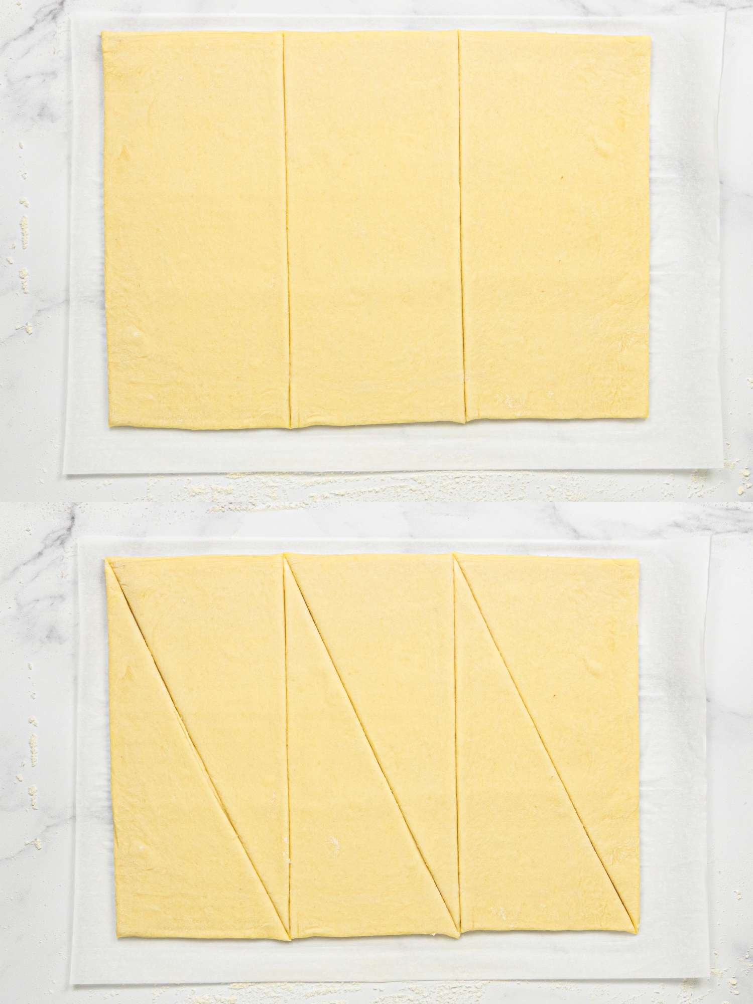 Two sets of dough pieces arranged and cut in different shapes rectangular and triangular pieces shown