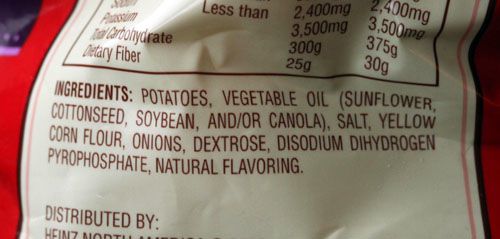 Close-up of nutrition label for Ore-Ida tater tots.