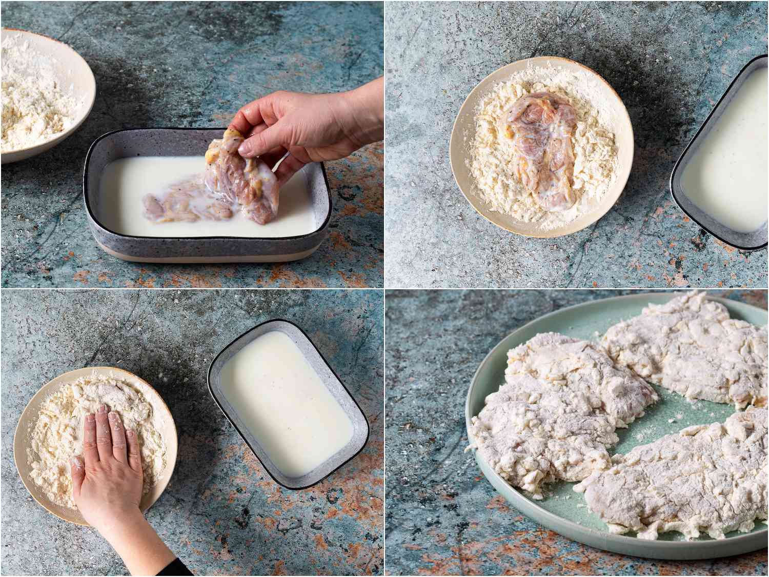 A collage showing the chicken being dipped in milk and then breaded.