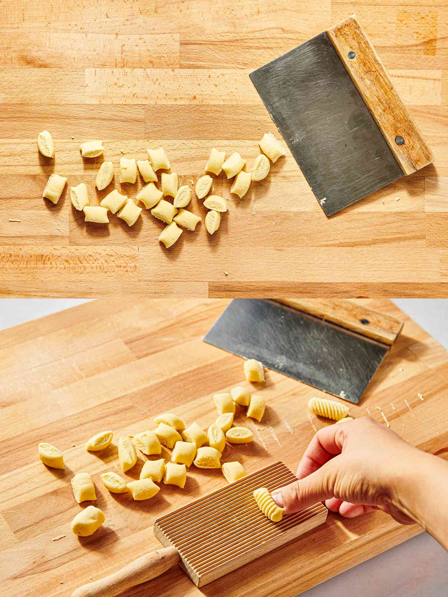 2 image collage. Top: Cut pastas with a bench scraper on a wooden surface. Bottom: Hand pressing dough into gnocchi board on a wooden surface with other cut dough on it and a bench scraper 