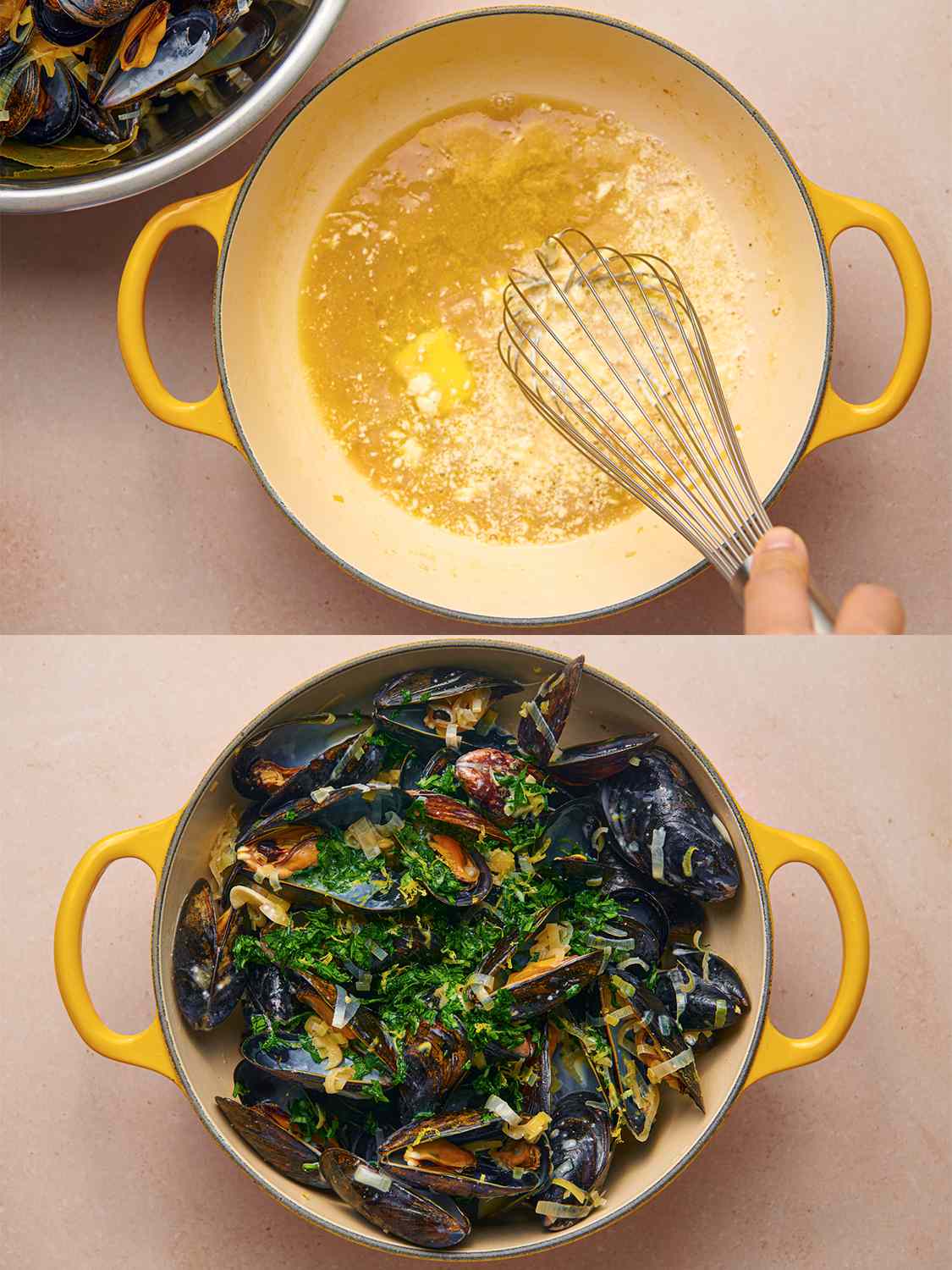 A two-image collage. The top image shows butter and creme fraiche being whisked into the Dutch oven, which is removed from heat. The bottom image shows the mussels returned to the pot along with chopped parsley, lemon juice, and lemon zest.