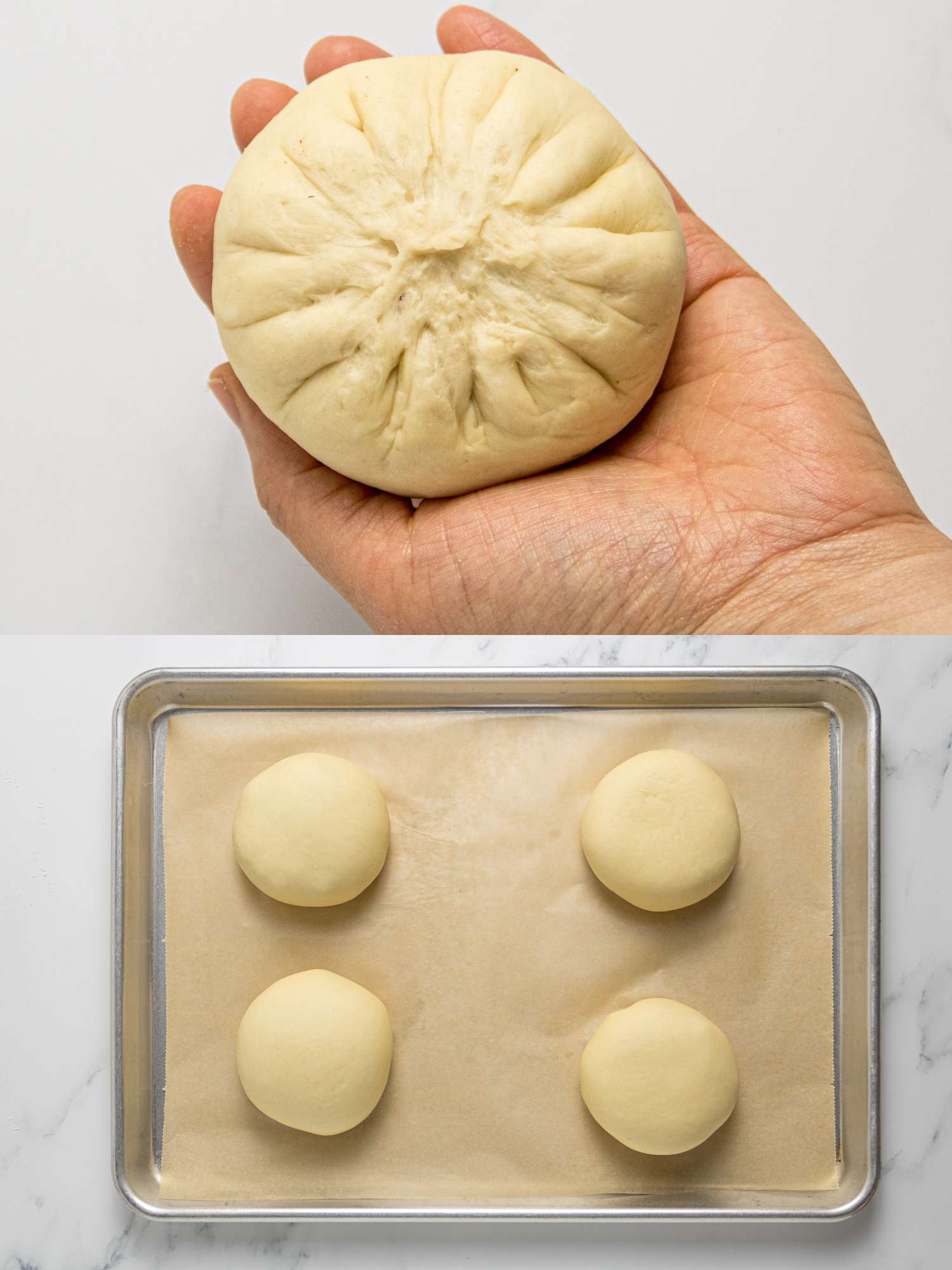 2 image collage. Top: Beirock in palm of a hand, with center seam sealed, on a white background. Bottom: 4 beirocks on a parchment paper lined baking sheet.