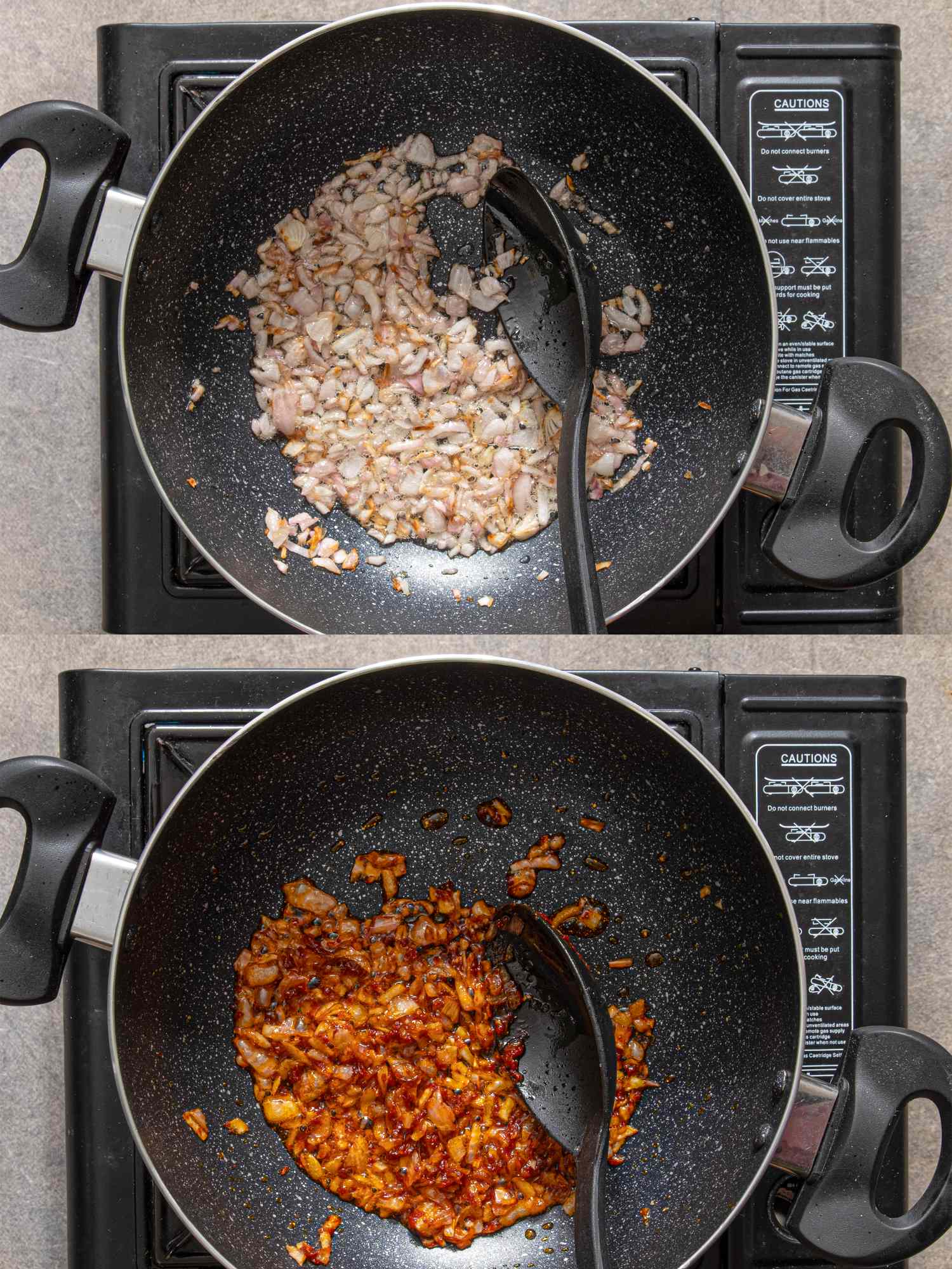 Cooking process in a pan ingredients being sauted and then coated in a sauce in two stages
