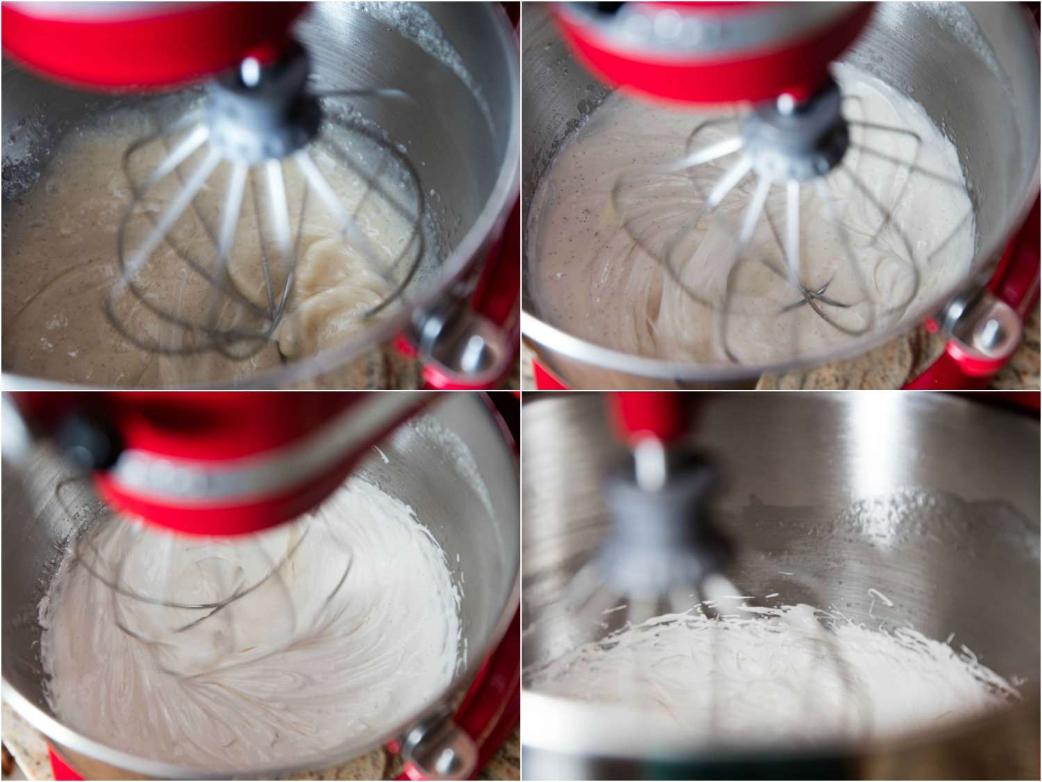 Collage of stand mixer whipping meringue