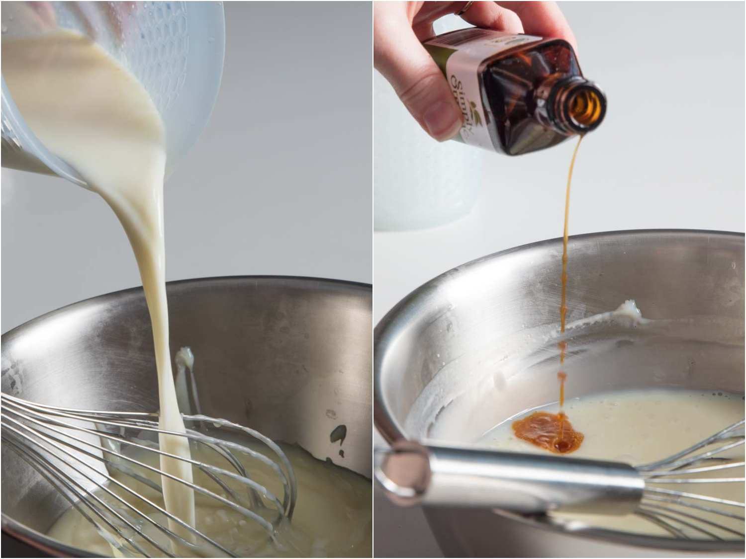Side by side images showing adding fresh milk and vanilla to the ice milk base.