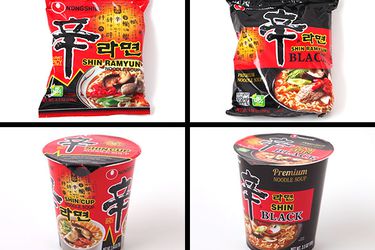 Four different Shin Ramyun noodle soup packages.