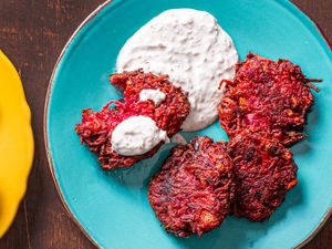 Overhead view of beets latkes
