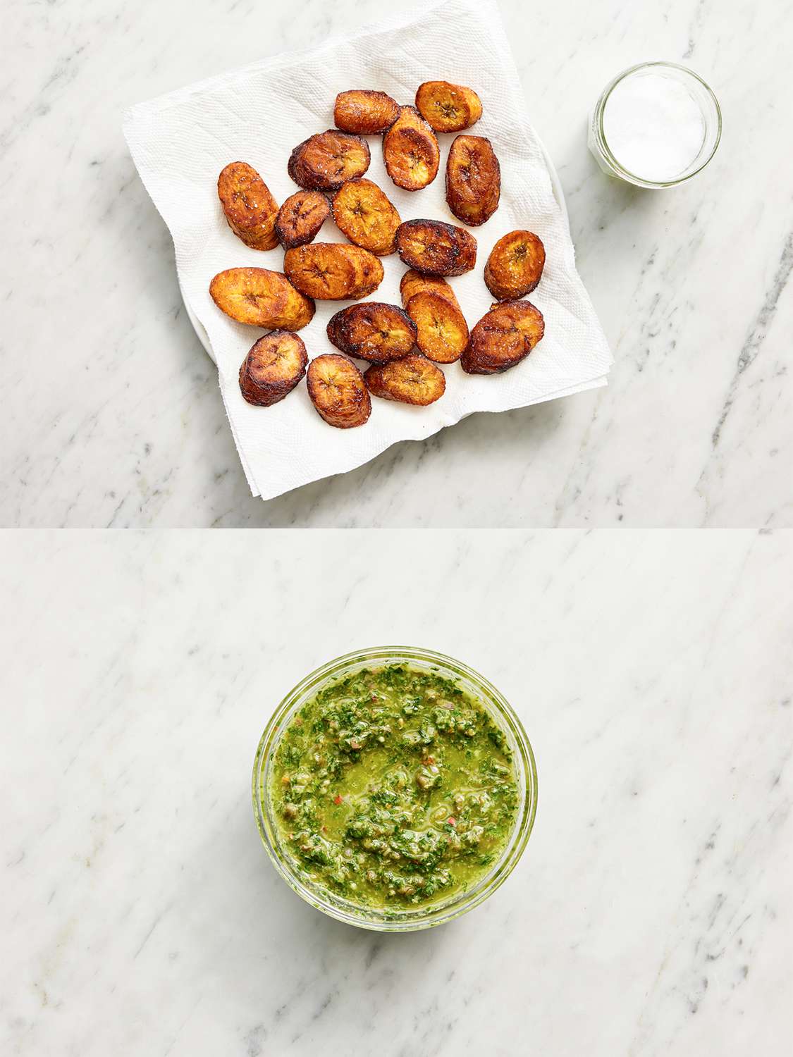 Two image collage. Top: overhead view of fried plantains on a paper towel, salted. Bottom: side of mint mojo sauce