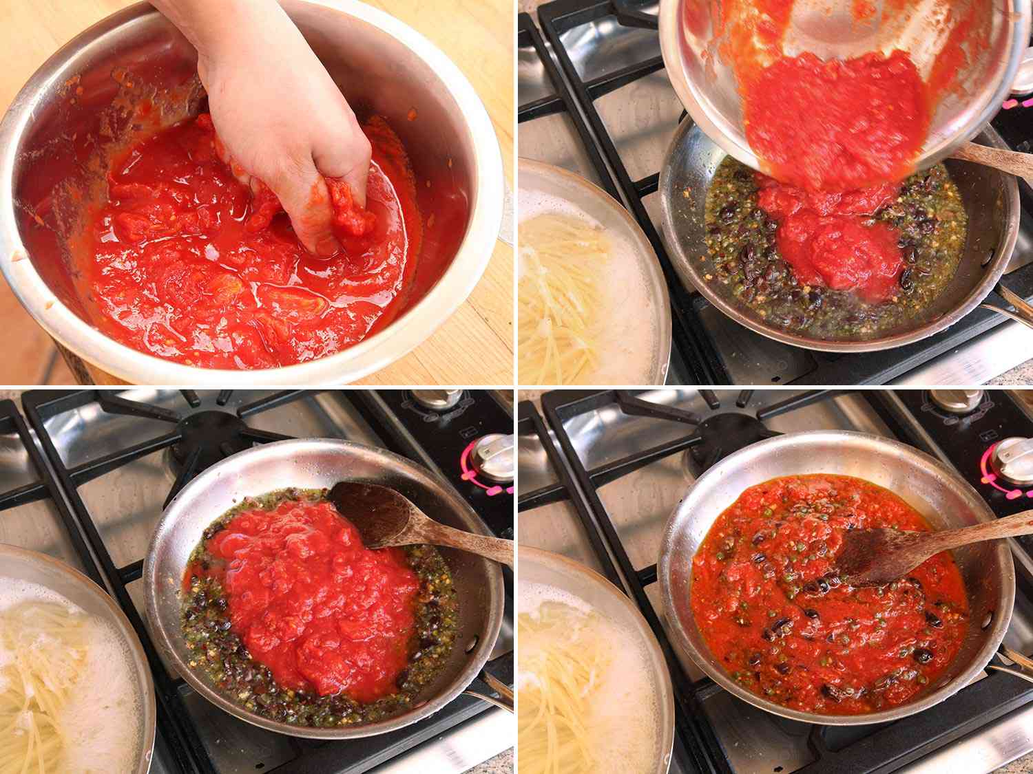 Photo collage showing crushing tomatoes then adding to skillet to make pasta puttanesca sauce.