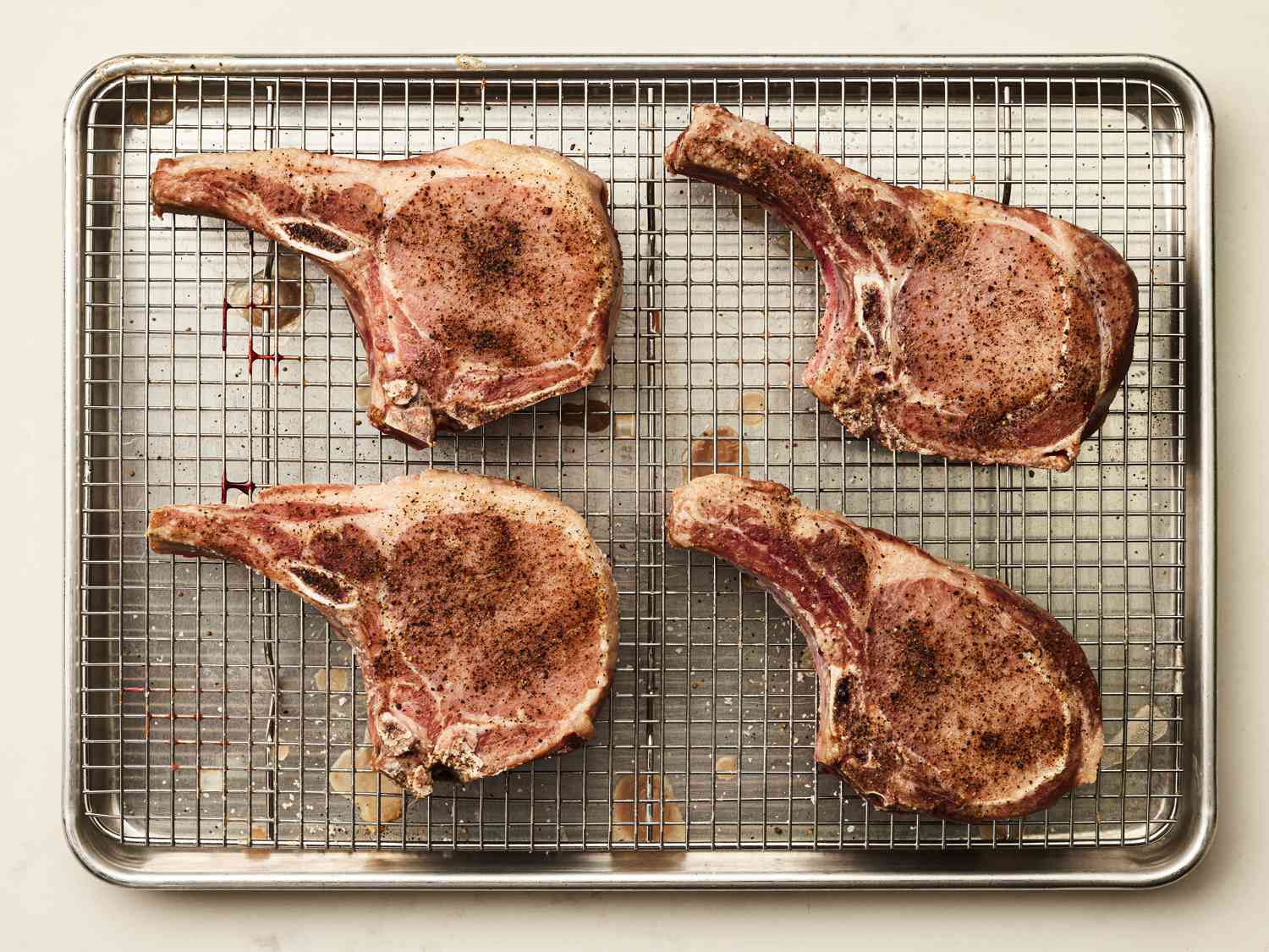 Overhead view of browned pork chops