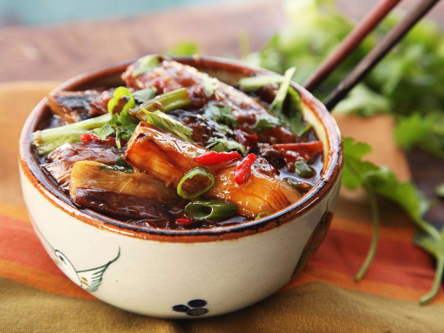 Close-up of the finished Sichuan-style eggplant in a serving bowl.