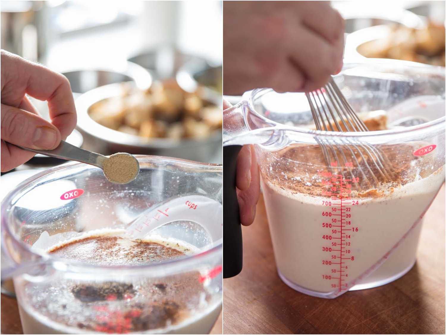 Making a spiced cream for stuffed pumpkins.