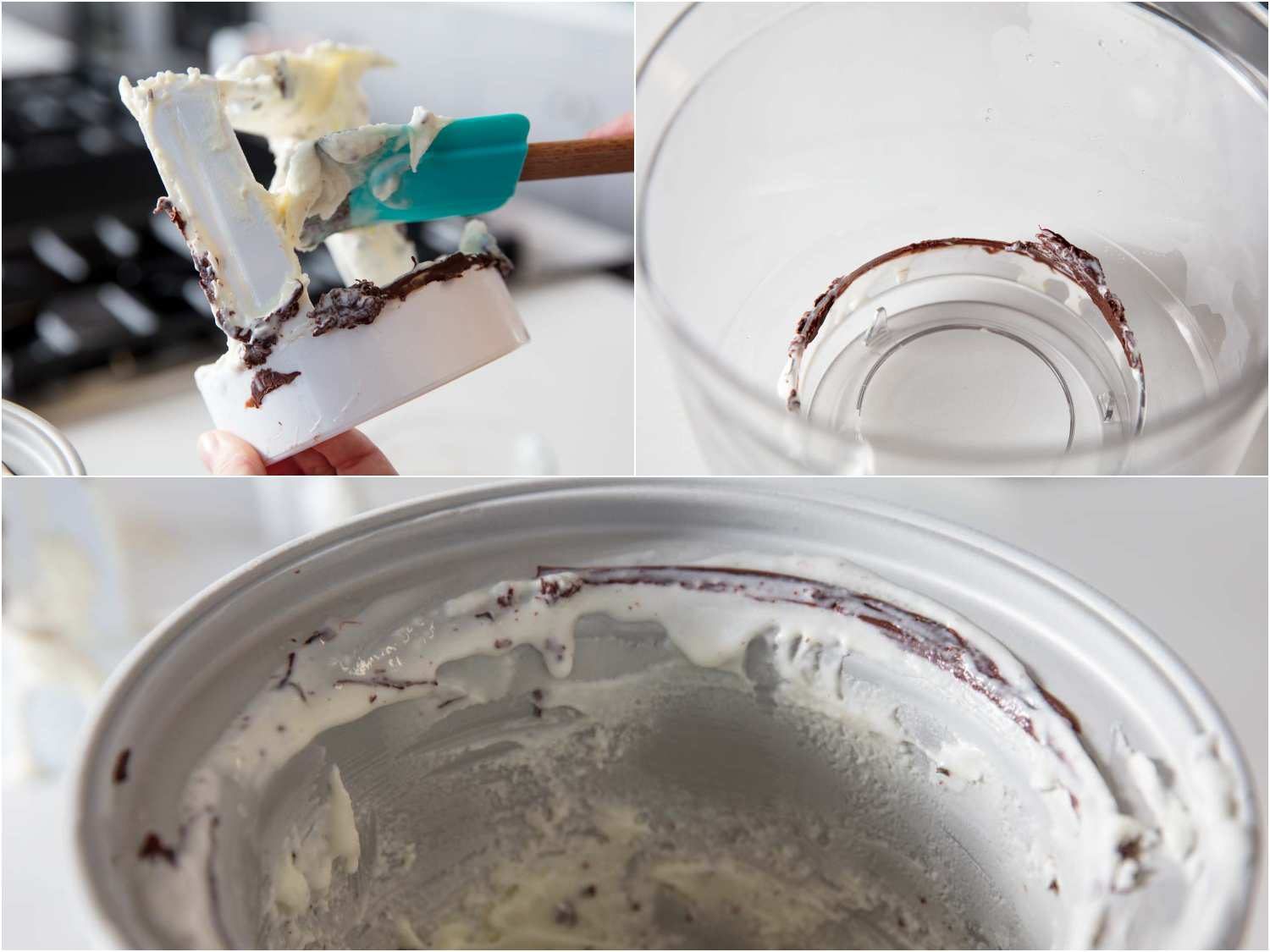Collage of three images showing the congealed chocolate the traditional method leaves on the dasher, base of the bowl and the side of the ice cream maker. 