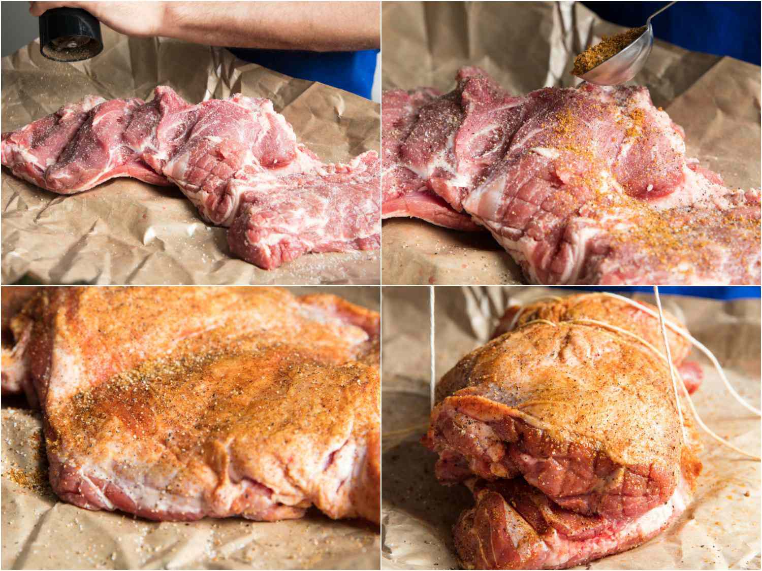 Collage of a butterflied lamb shoulder being seasoned and tied up into a roast.