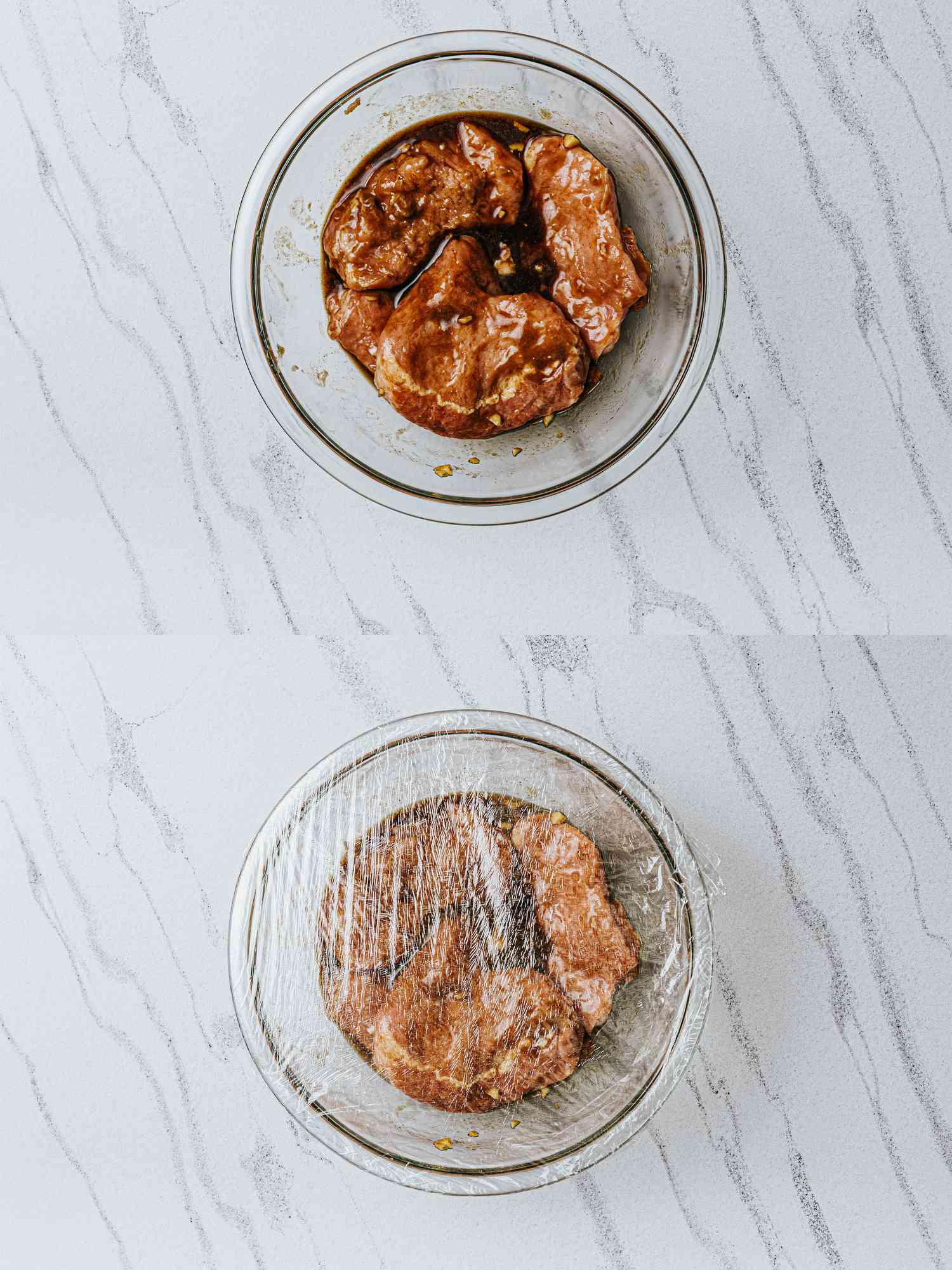 Two image colalge of marinating pork chops