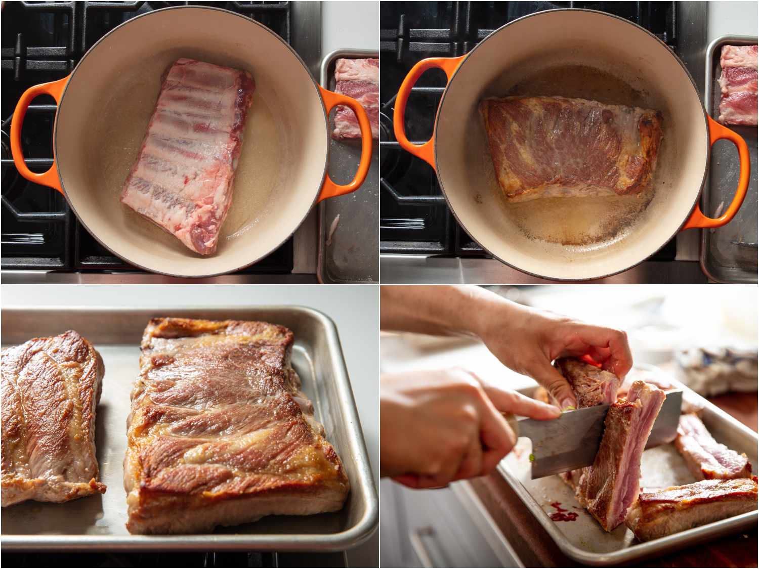 Searing racks of pork ribs in a Dutch oven and then cutting into single rib pieces.
