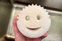 A hand holding the Scrub Daddy dishwashing sponge
