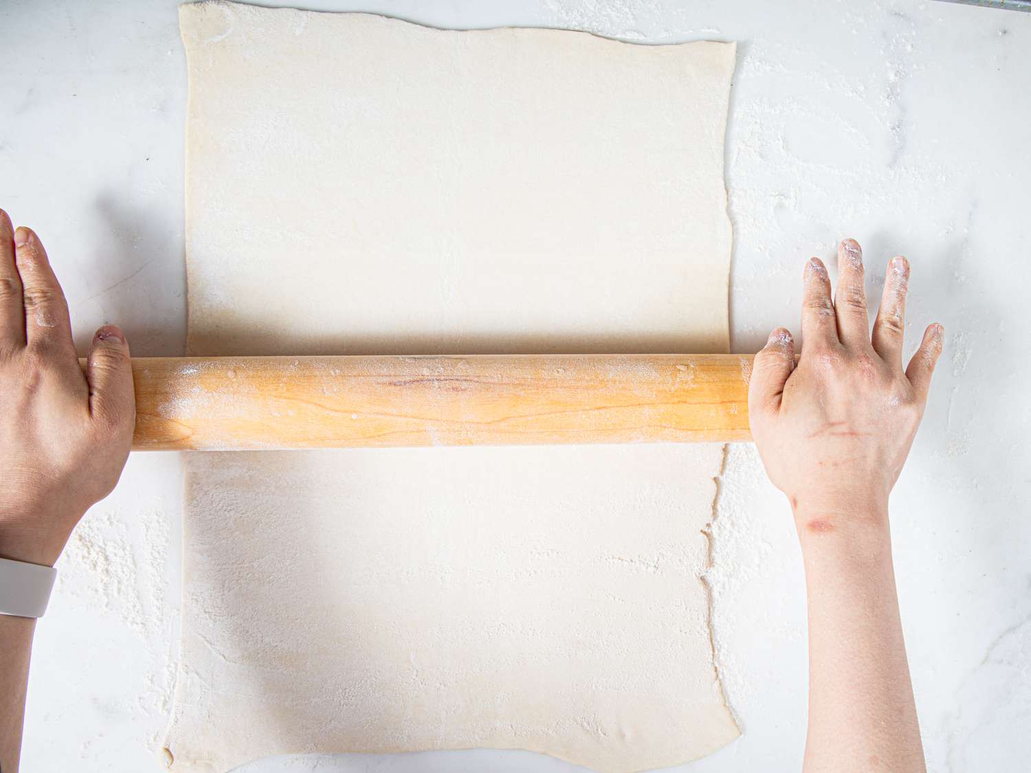 Overhead view of rolling dough
