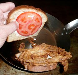 A soft shell crab sandwich with a slice of tomato and mayonnaise. 