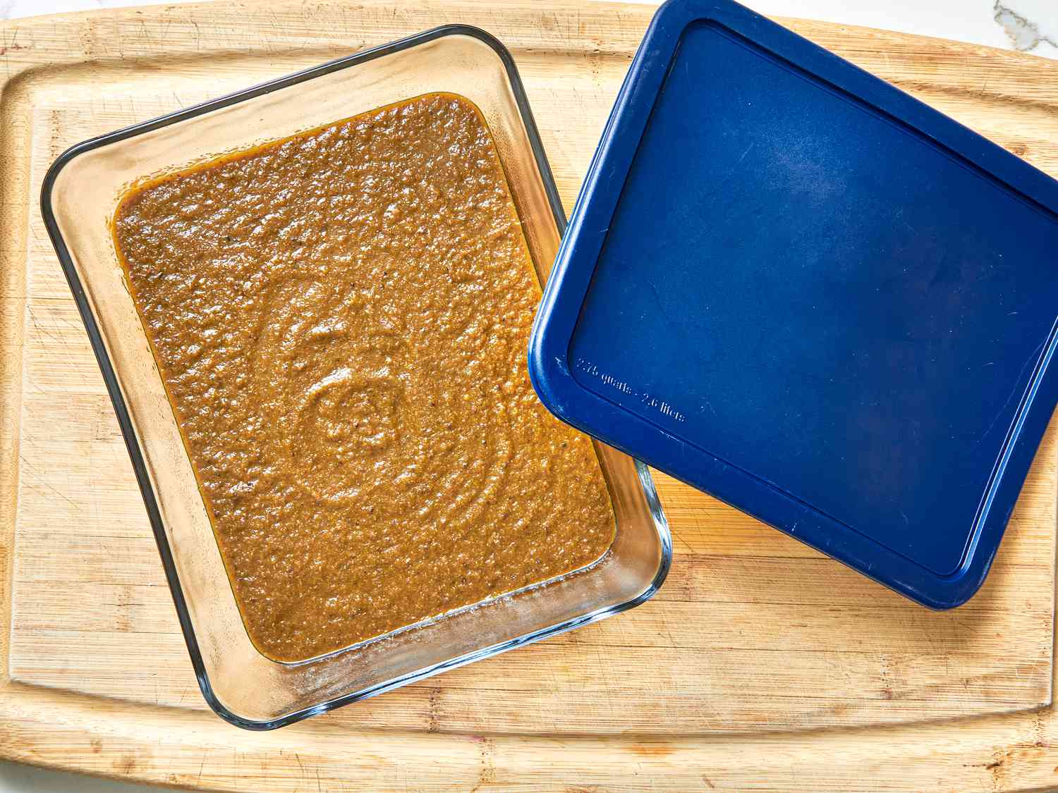 Overhead view of marinade in a container