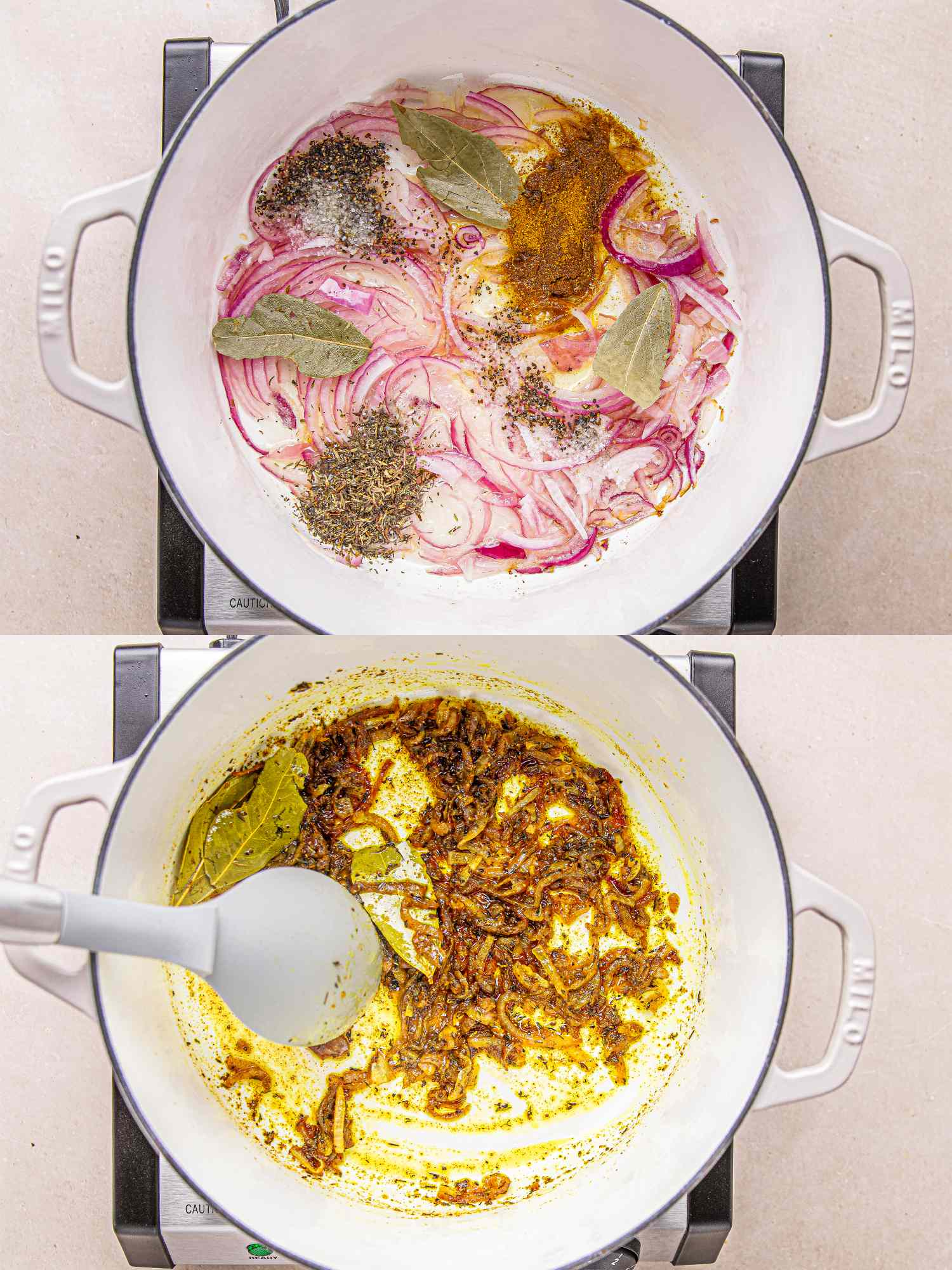 Steps in preparing ingredients in a pan for cooking a dish showing spices onions and mixing steps