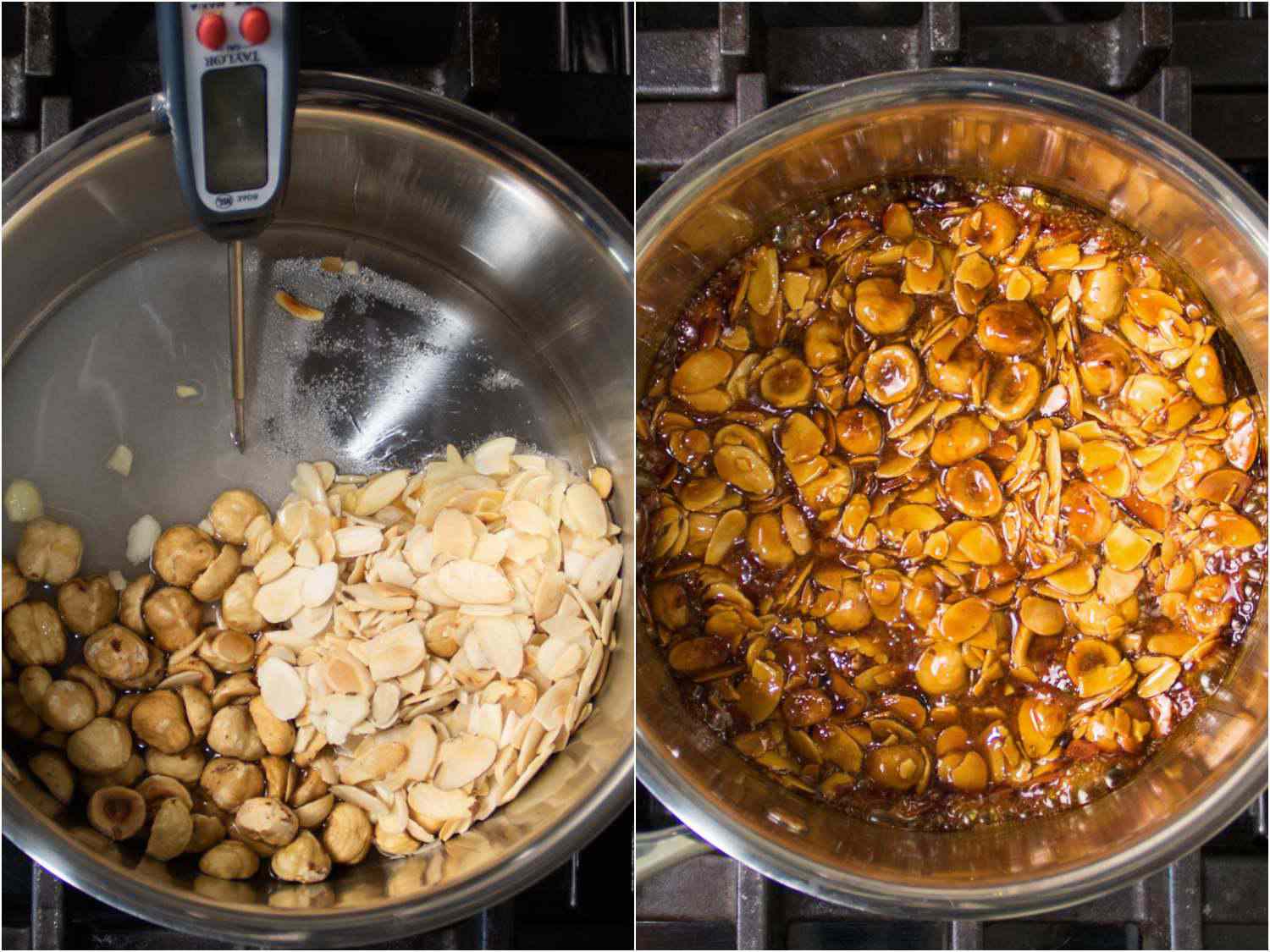 A two-image collage. The left image shows water, sugar, corn syrup, hazelnuts, almonds, and salt resting in a metal pan. The right image shows all of the ingredients cooked and browned, simmering in the pan.