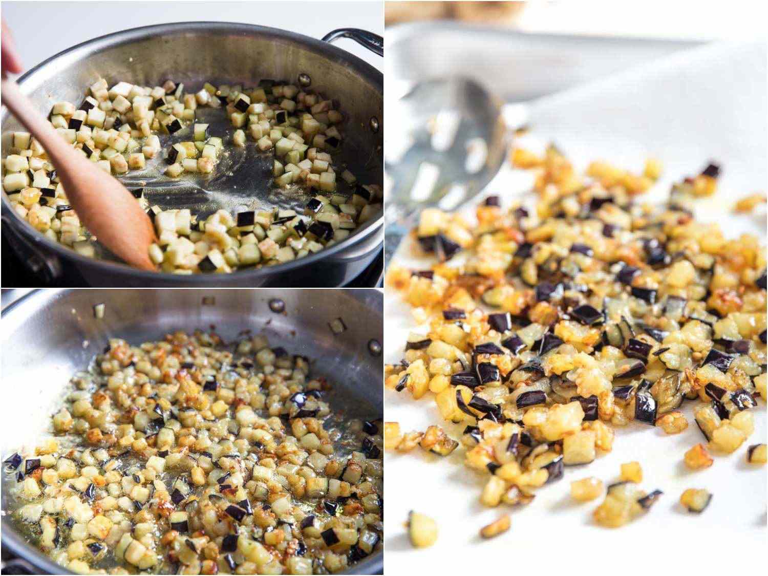 Cooking eggplant to make Sicilian rigatoni with swordfish (pesce spada)