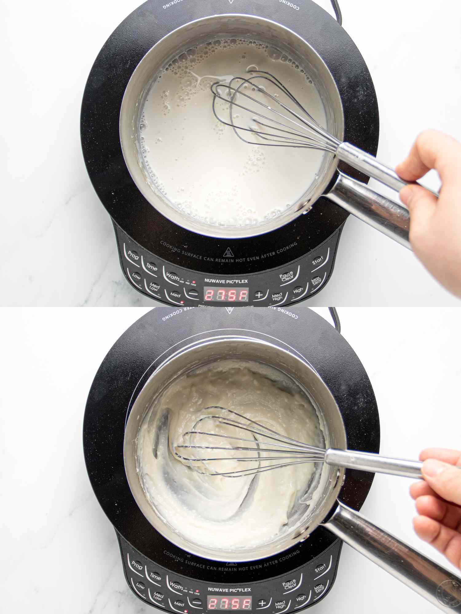 2 image collage. Top: whisking milk and flour in saucepan. Bottom: mixture in pot after its thickened 