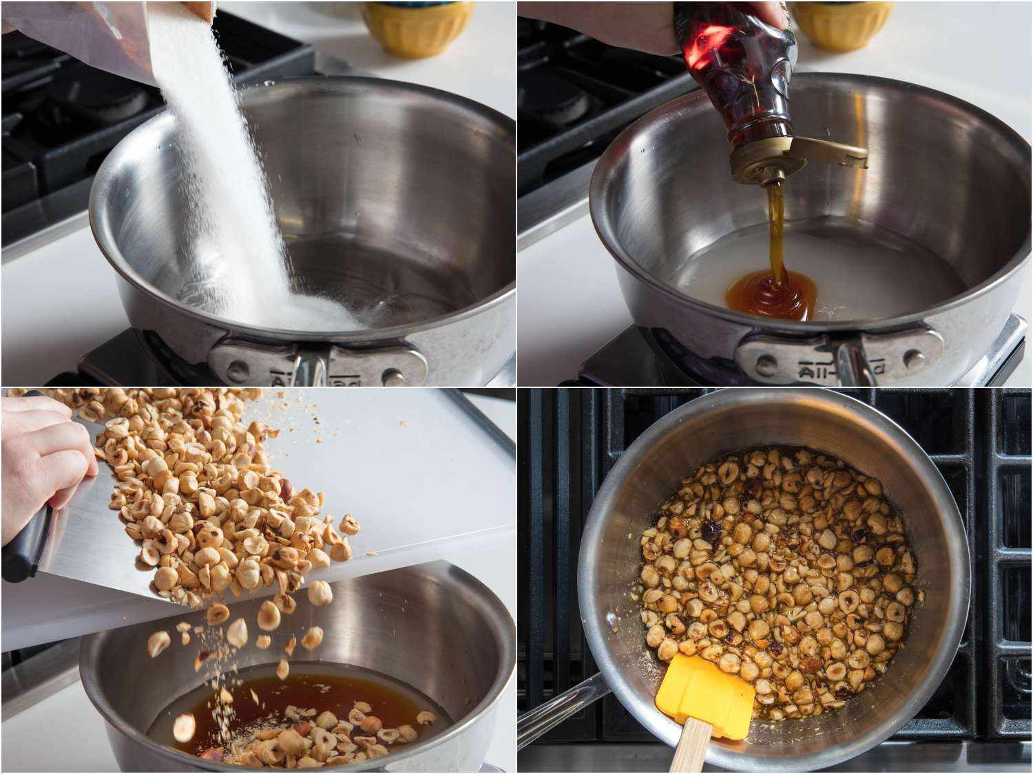 Collage of combining sugar, corn syrup, and hazelnuts in a saucier for hazelnut brittle.