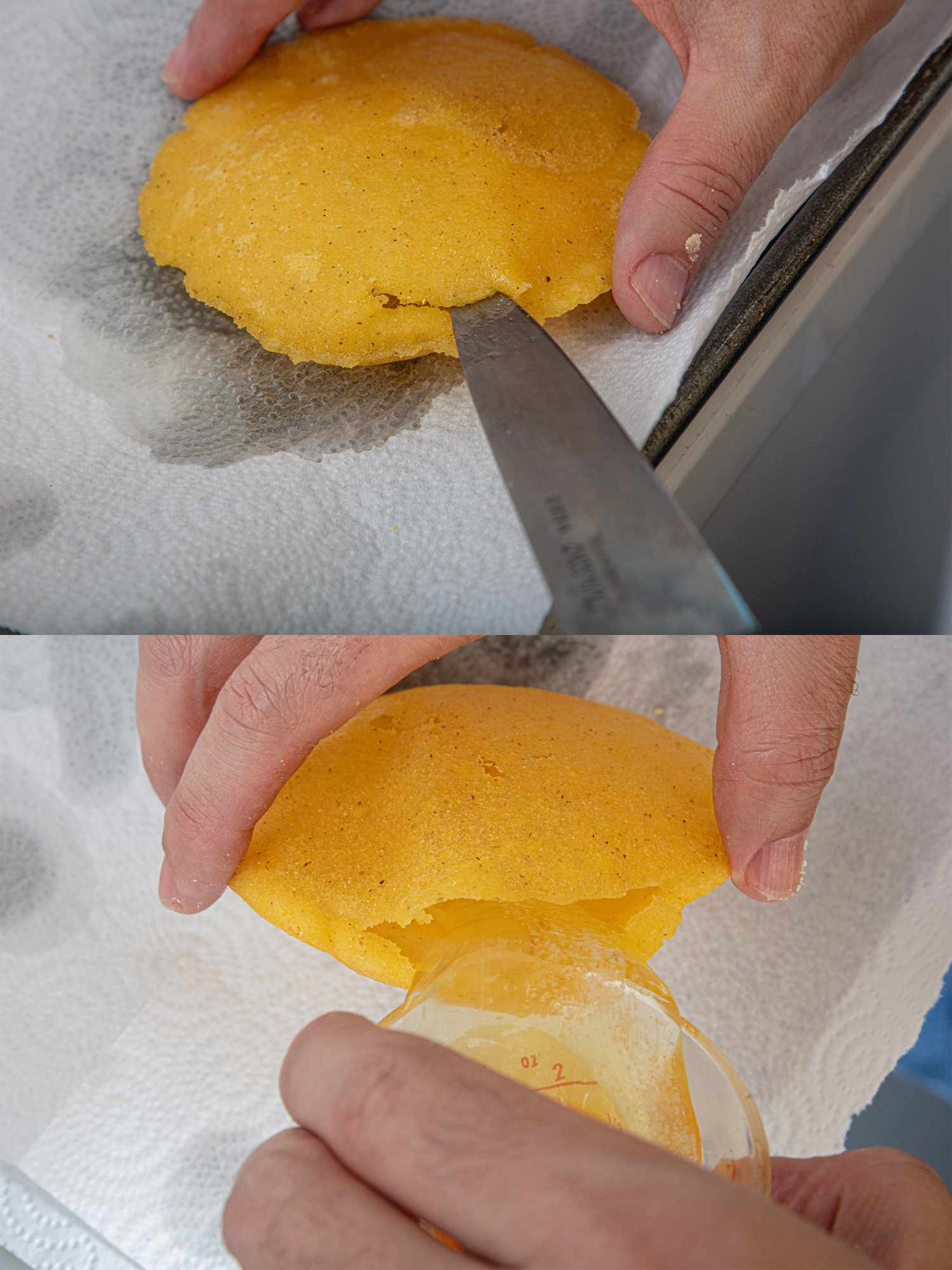 Overhead view of filling arepa with egg