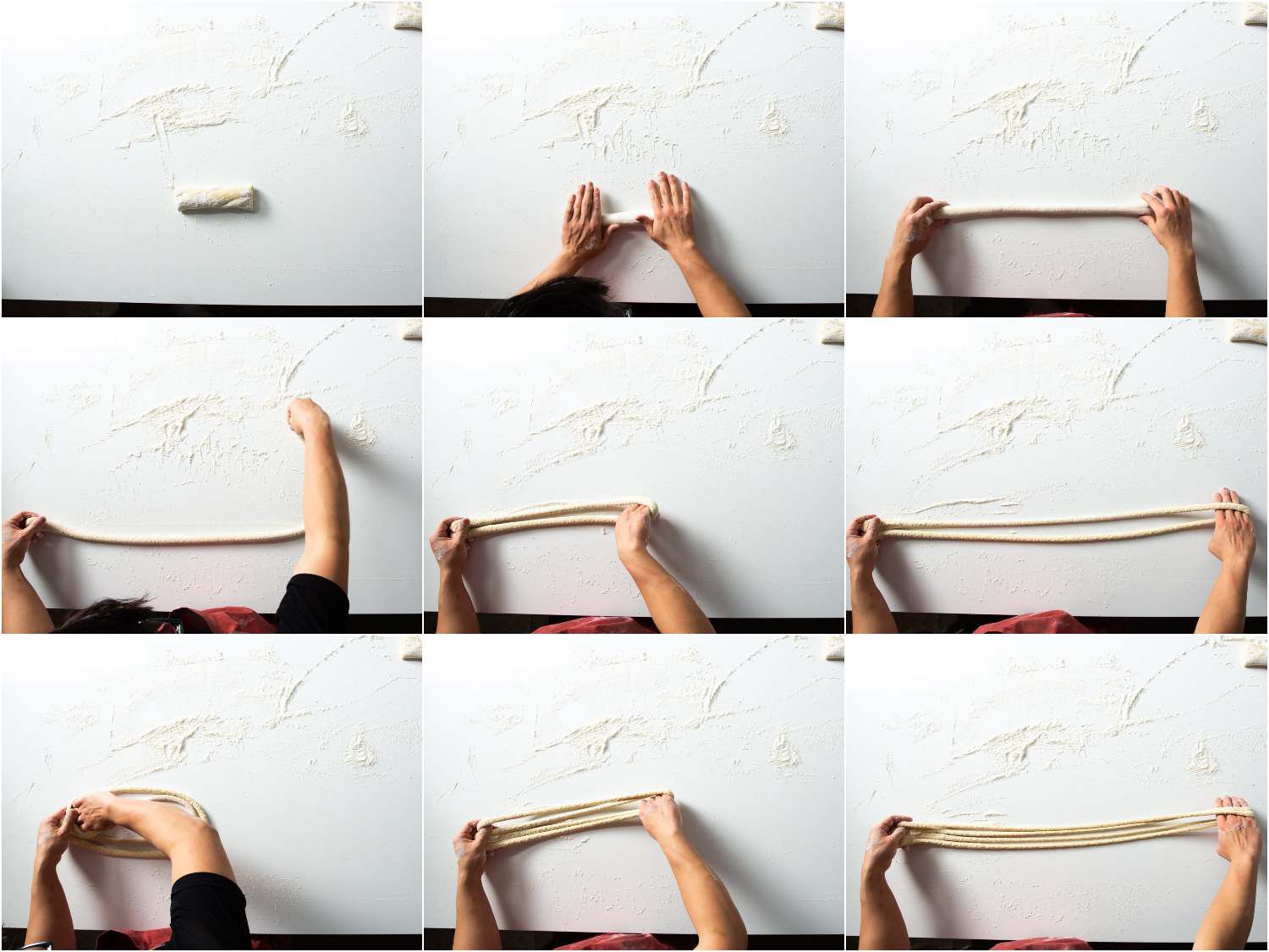 A 9-image collage of overhead shots demonstrating the process of hand-pulling lamian noodles. 