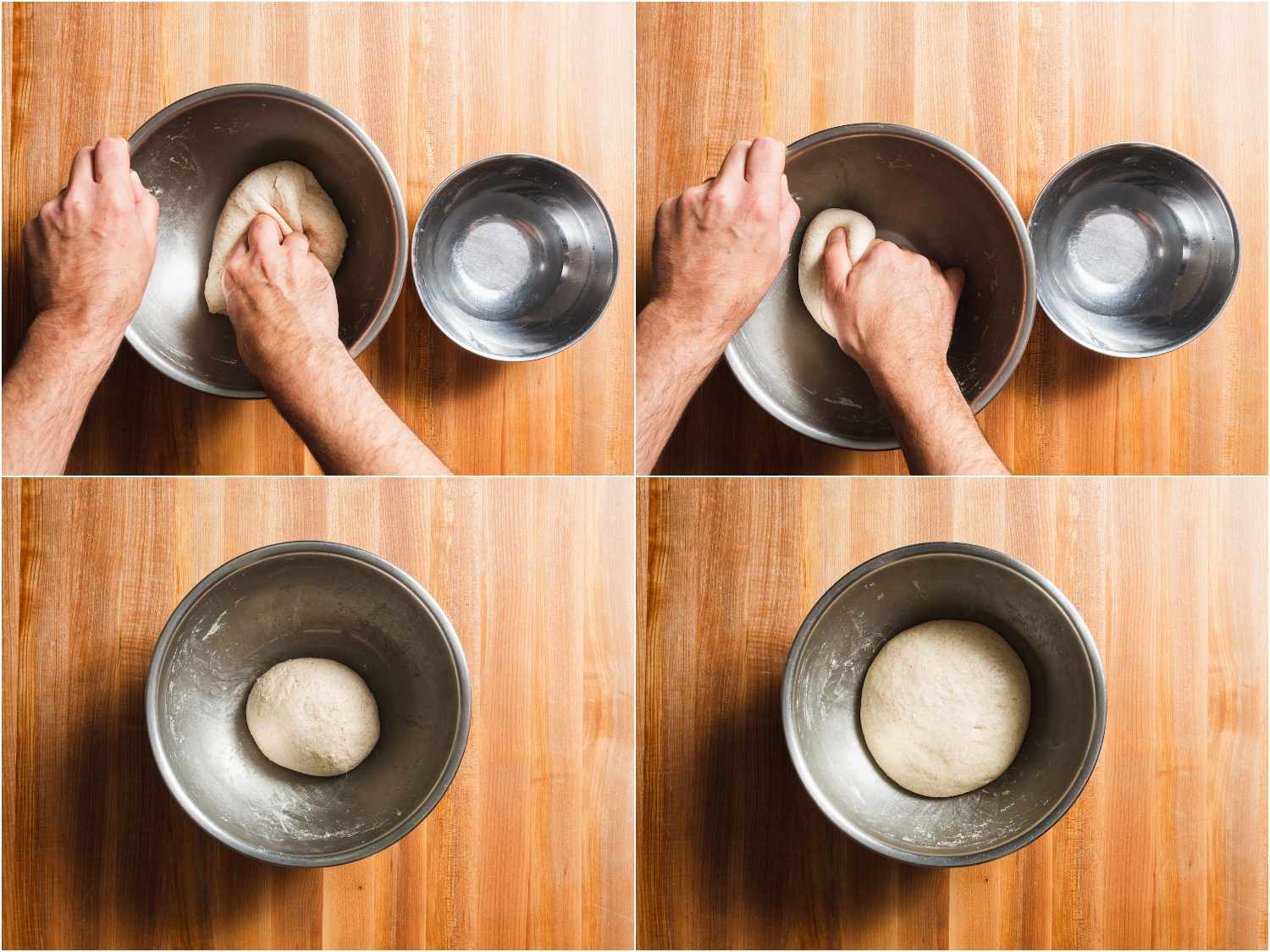 Kneading dough with lightly moistened hands, then letting it rest at room temperature until doubled in size.