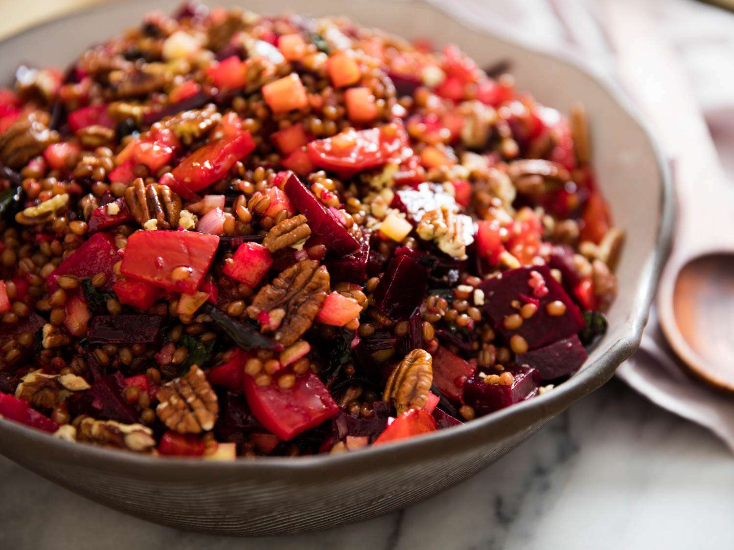 Closeup of Beet and Wheat Berry Salad With Pickled Apples and Pecans