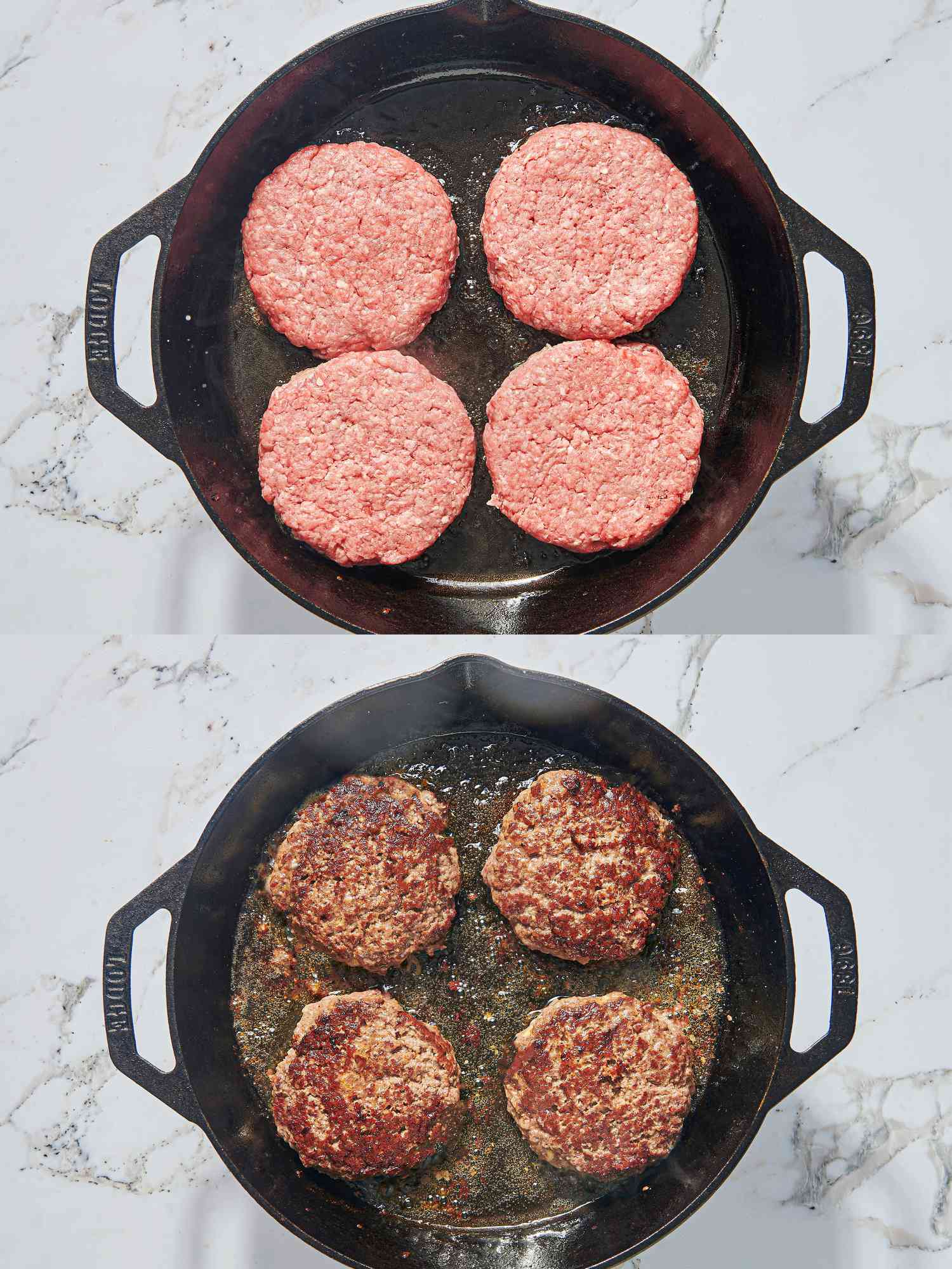 Two image collage of burgers cooking
