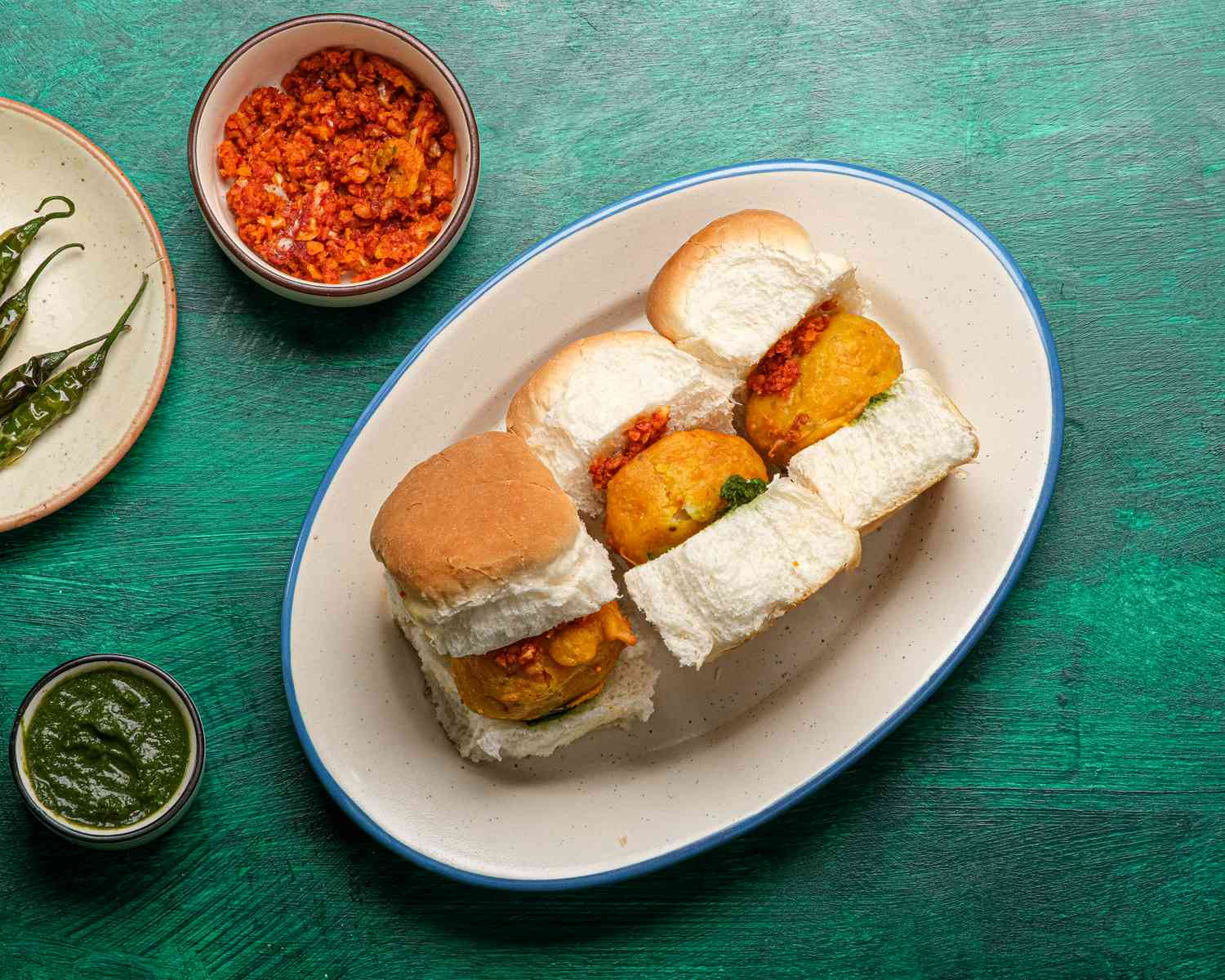 Overhead view of vada pav