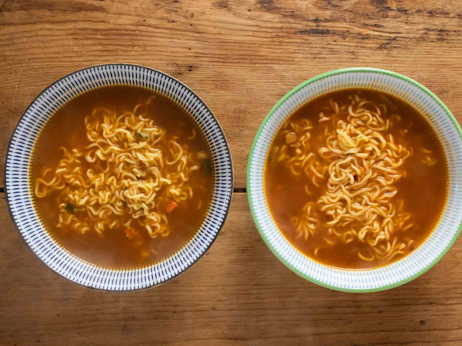 Prepared Shin Ramyun in bowls side by side, with Korean version on the right.