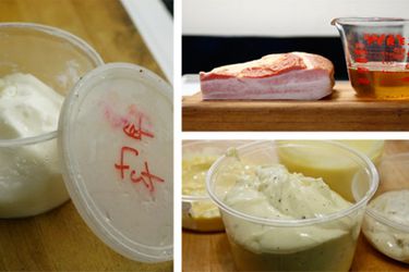 A collage of showing bacon and rendered bacon fat, as well as a deli container of baconniase.