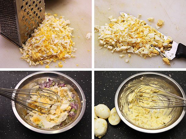 4 images, clockwise from top left: a pile of cooked, shredded egg next to a box grater; a chef's knife half-buried in a pile of cooked, chopped eggs; a bowl of cooked eggs being whipped together into a smooth mixture; a bowl of cooked eggs being roughly mashed up in a bowl with a whisk. 