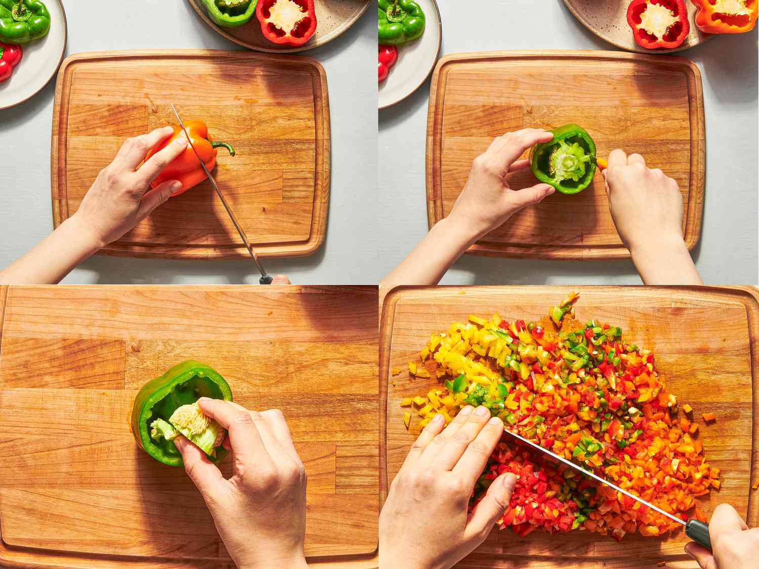 Four image collage of prepping peppers