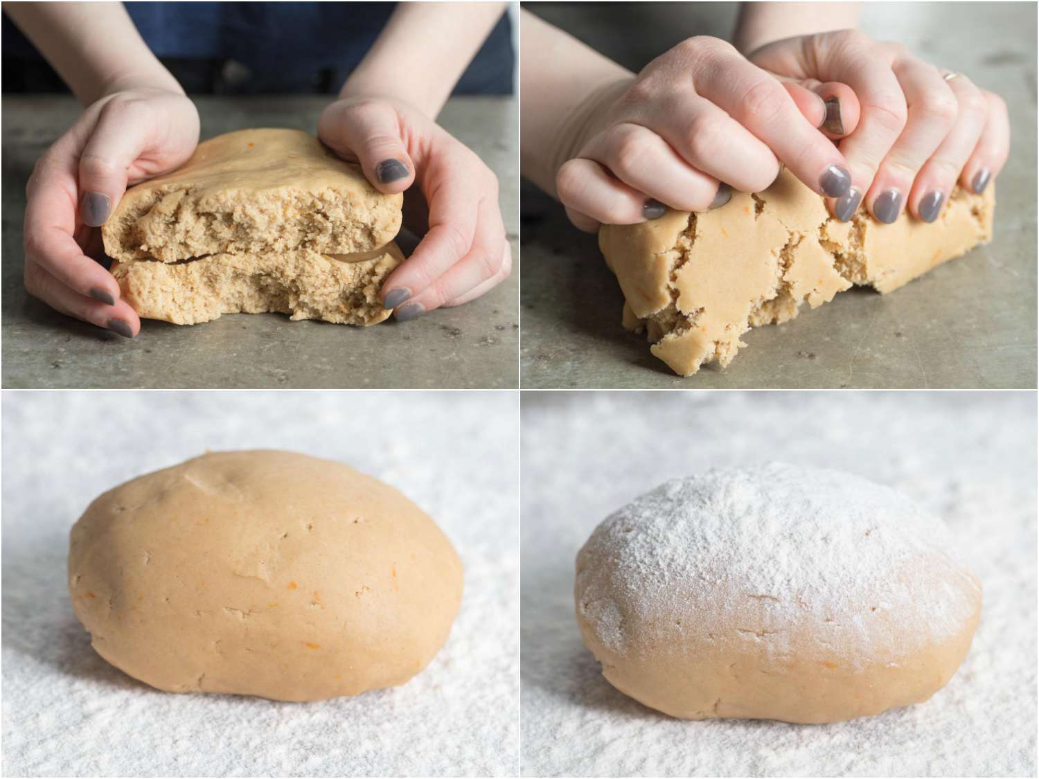 A 4-image collage of working chilled newton dough on floured surface into a smooth ball. 