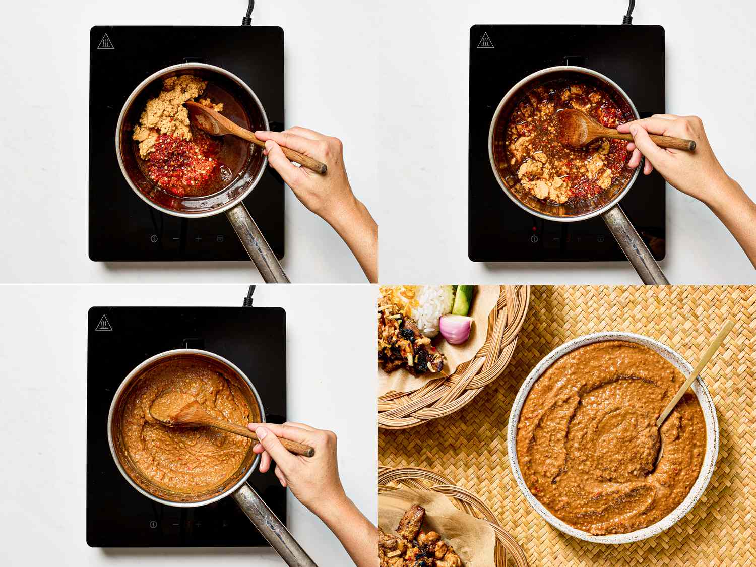 Four image collage of finishing cooking peanut sauce