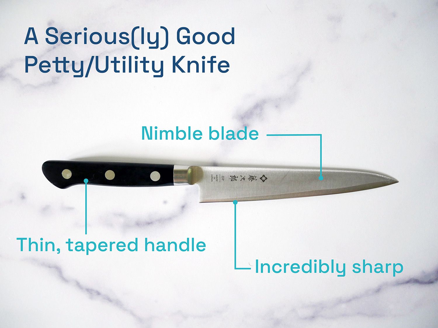 annotated Tojiro petty knife: nimble blade; thin, tapered handle; incredibly sharp