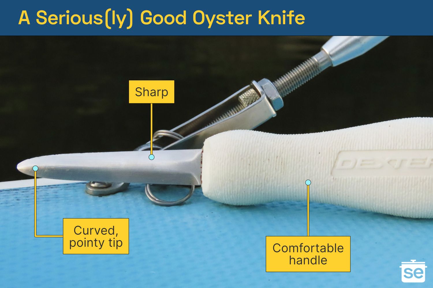 A closeup of a white-handled oyster knife with text explaining what makes it a good purchase