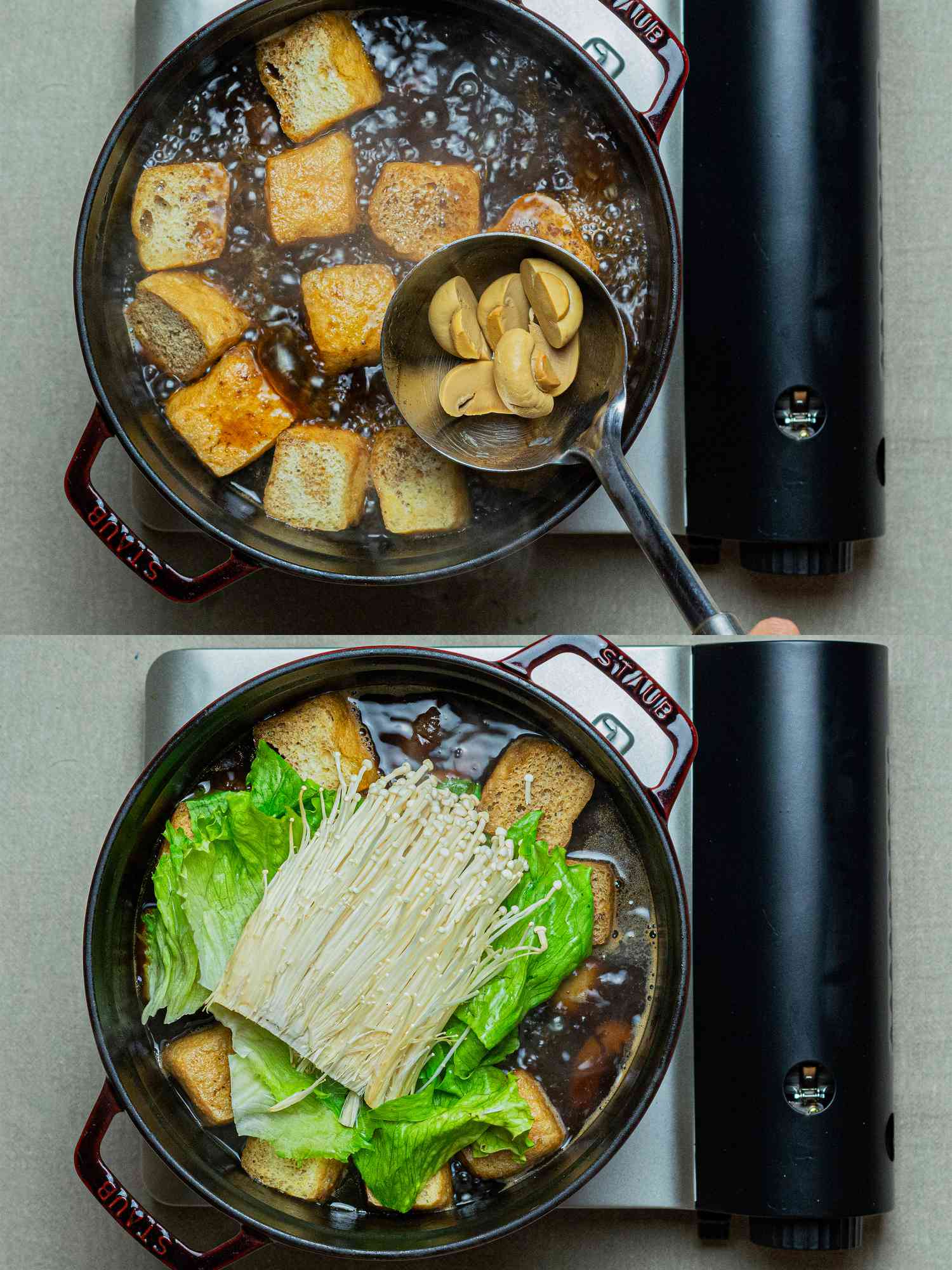 Overhead view of mushrooms being added to pot