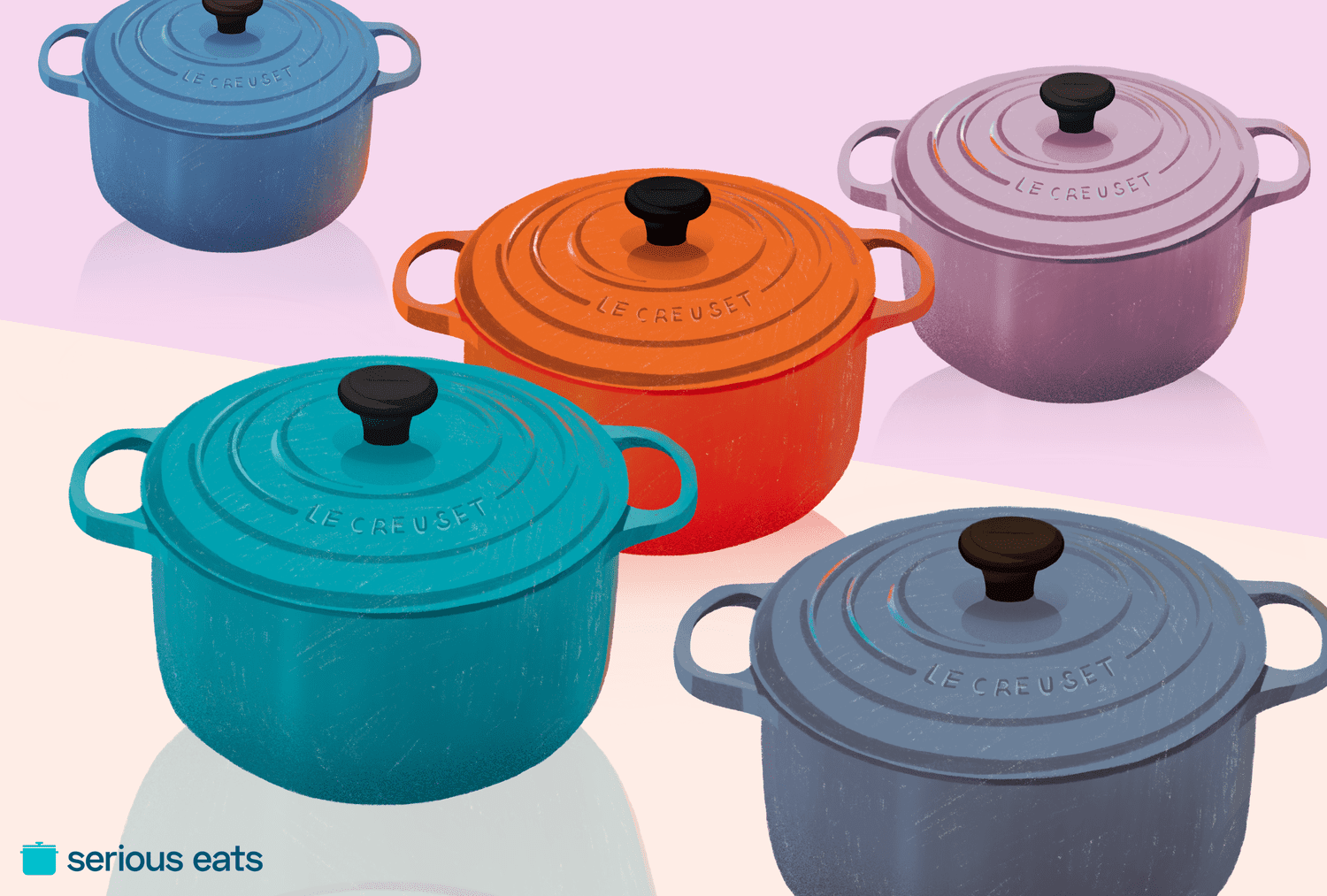 an illustration Le Creuset Dutch ovens of various colors