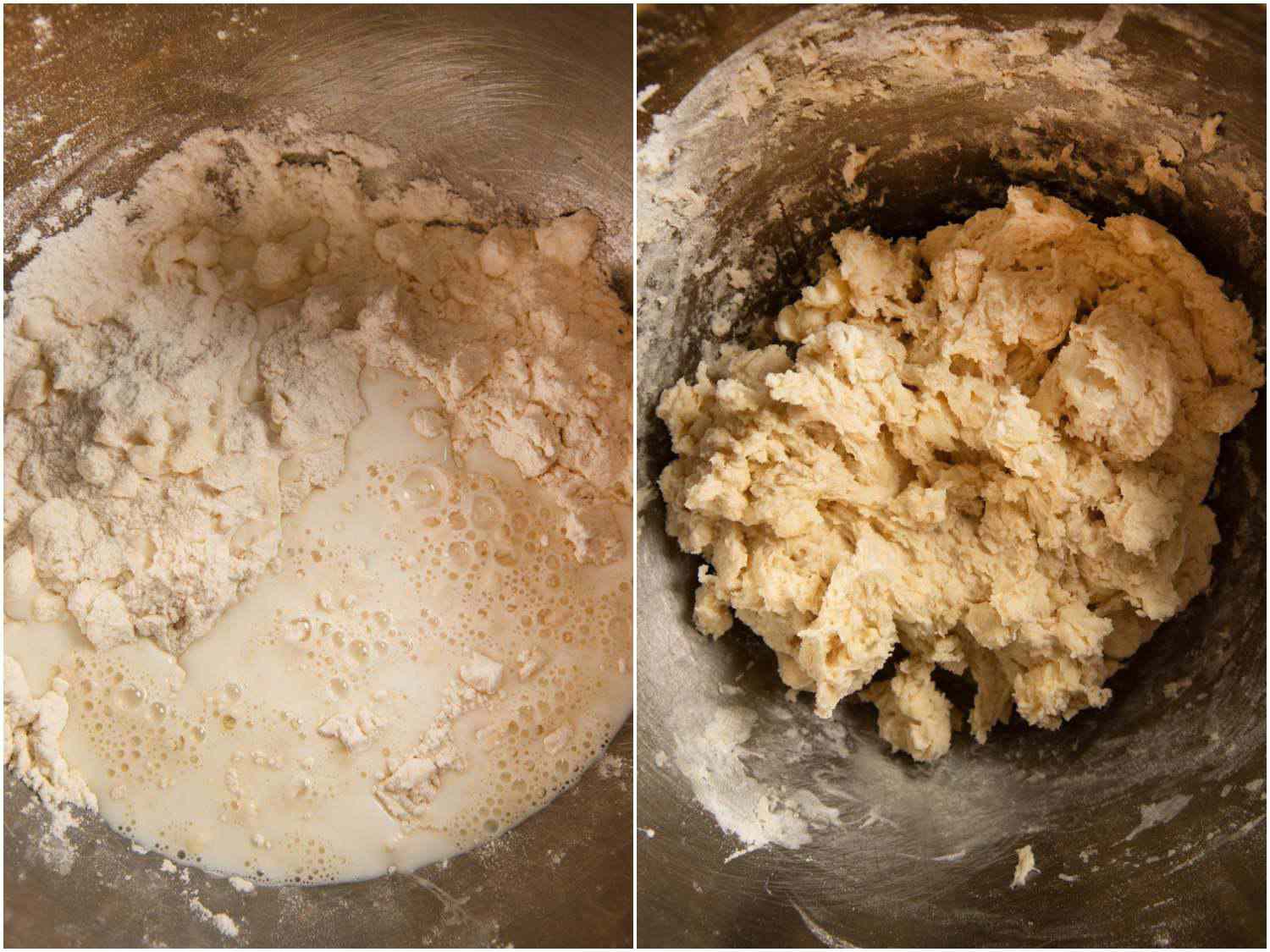 Photo collage showing adding milk to butter-flour mixture and stirring it in.