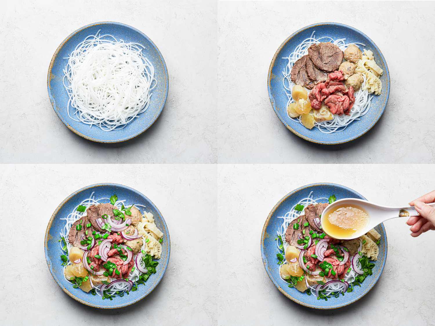 Four image collage of assembling pho saigon