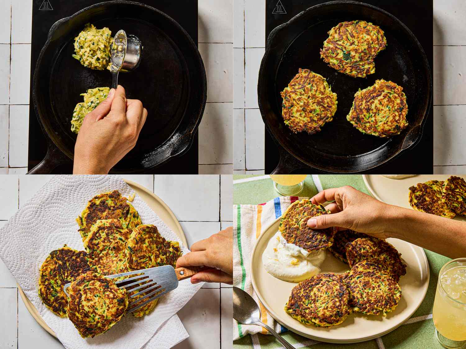 Steps of preparing zucchini pancakes, including cooking, serving, and garnishing