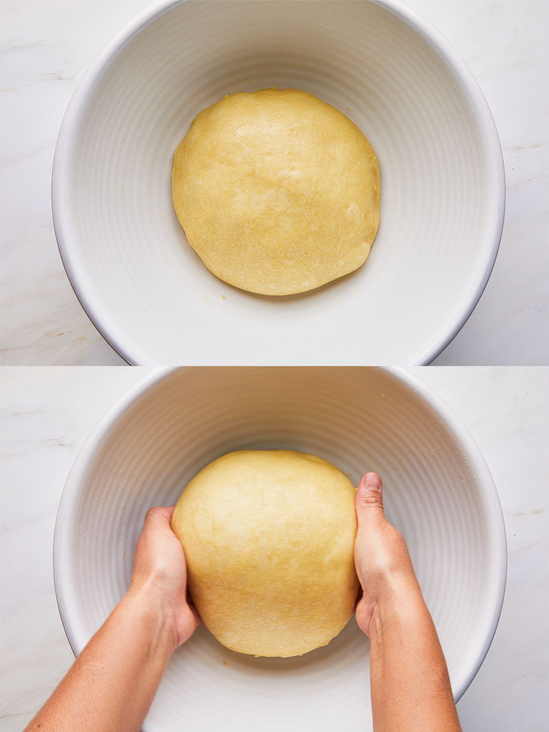 Two Image collage. Top: Dough transferred to a large bowl. Bottom: two hands folding dough under itself