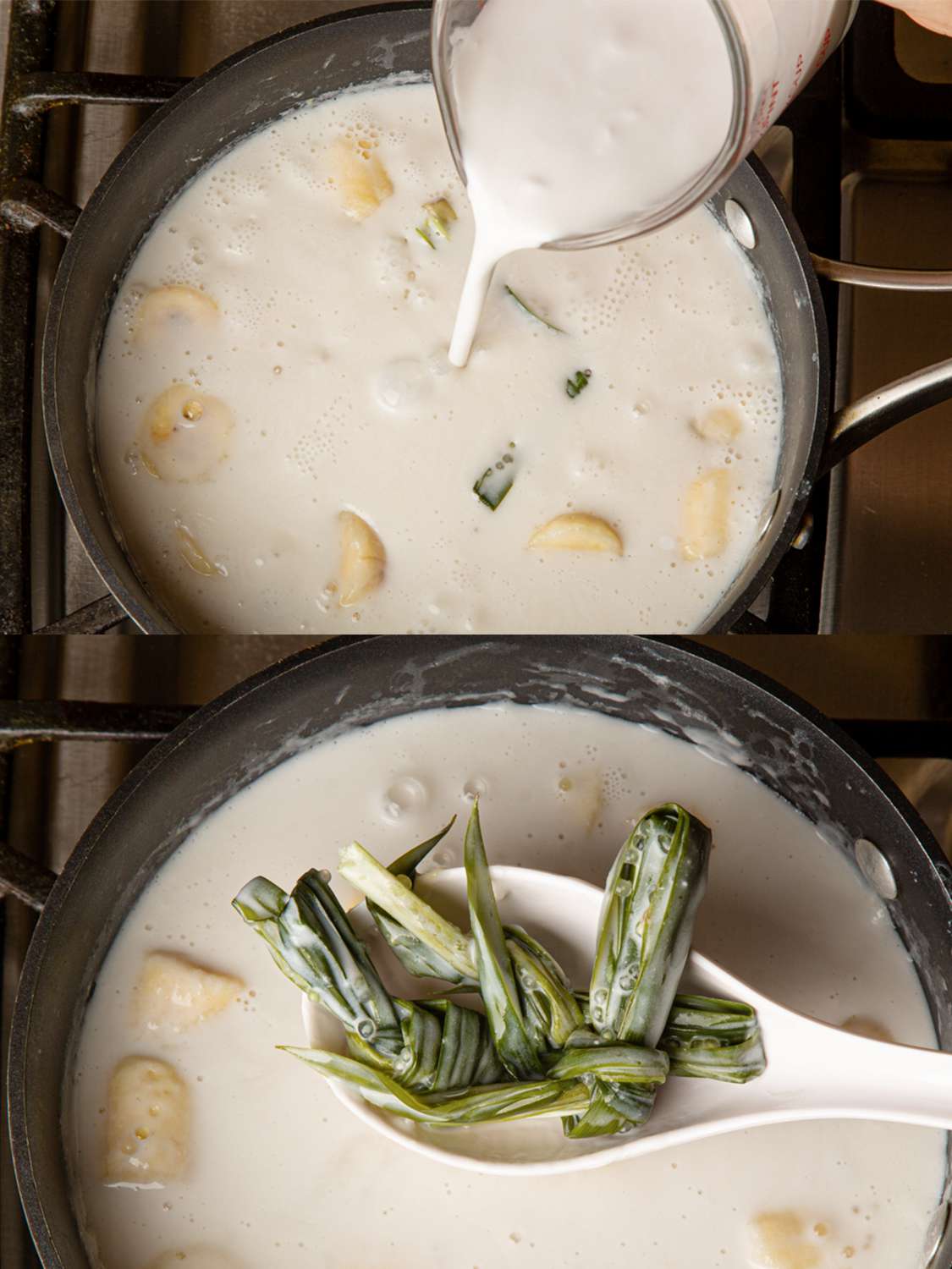 Two image collage of adding milk and removing pandan leaves